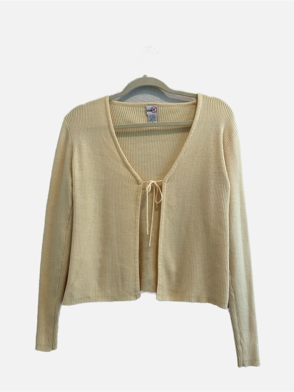 Y2K Cottagecore Studio Y Butter Yellow Ribbed Tie-Front Cardigan